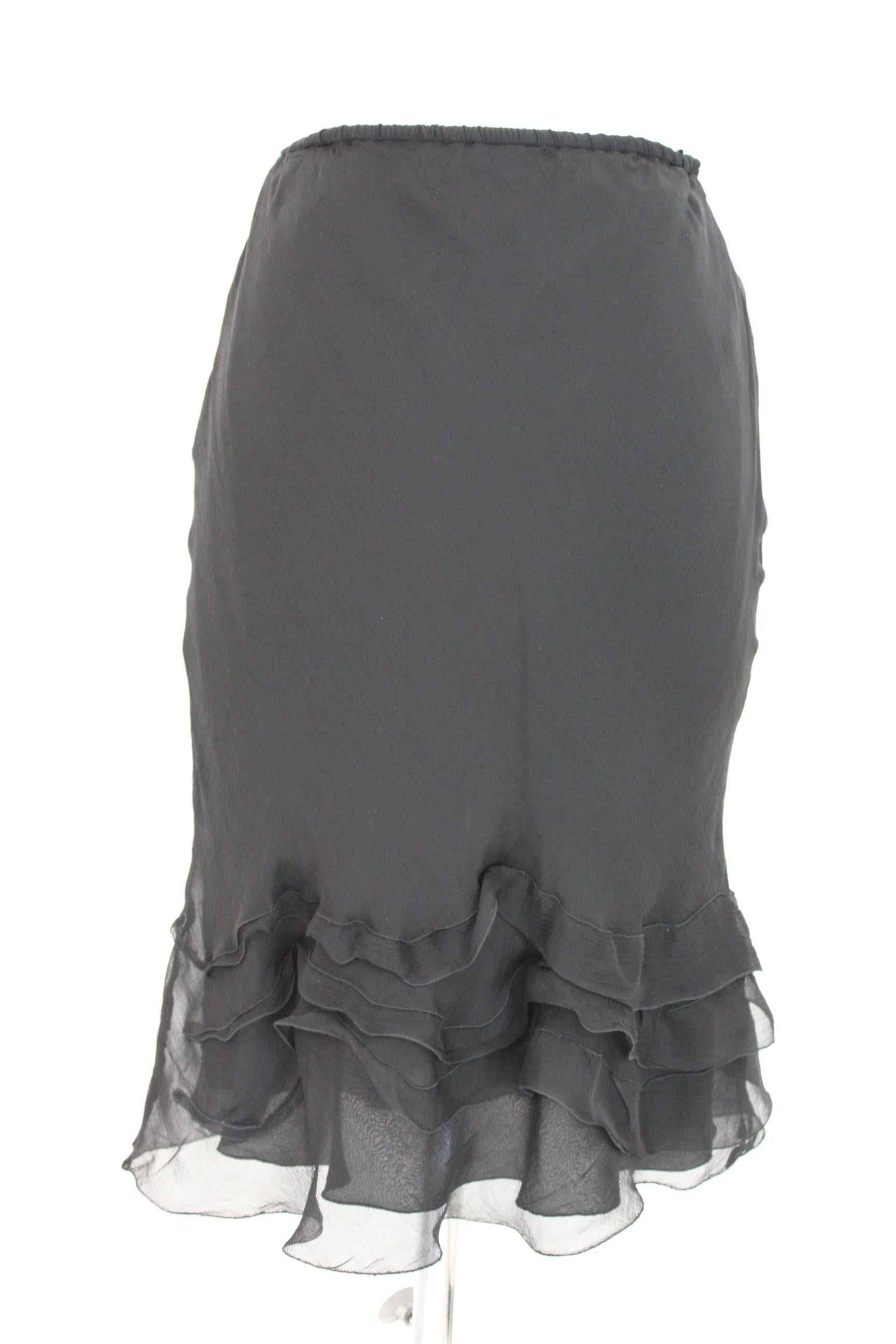Prada Black Silk Leather Ruffle Flared Evening Suit Skirt Top 3