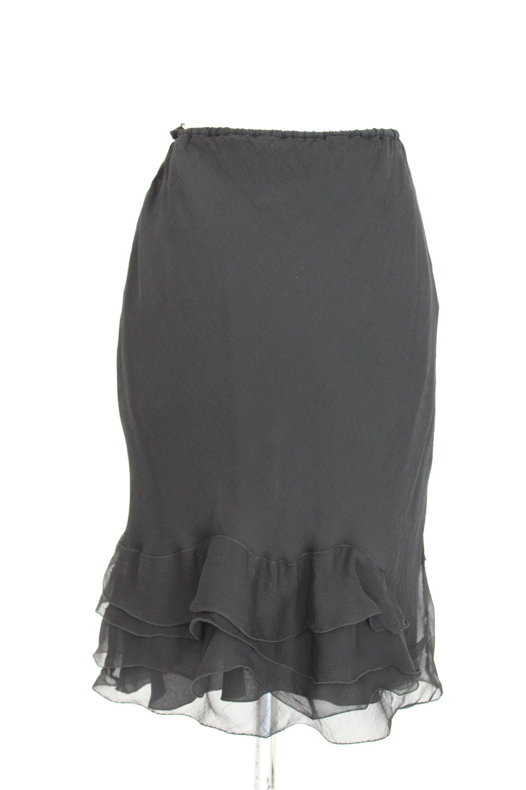 Prada Black Silk Leather Ruffle Flared Evening Suit Skirt Top 4