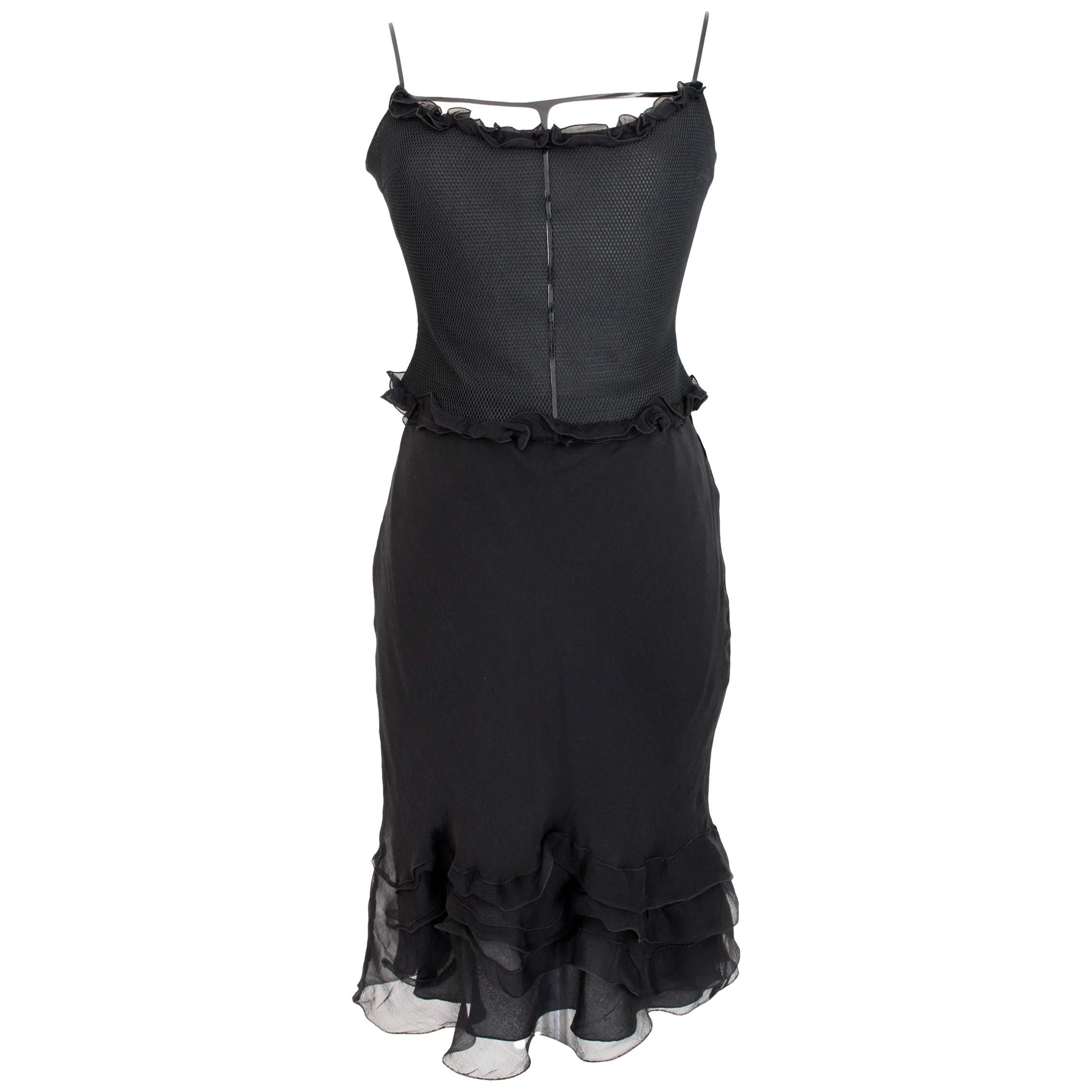 Prada Black Silk Leather Ruffle Flared Evening Suit Skirt Top 