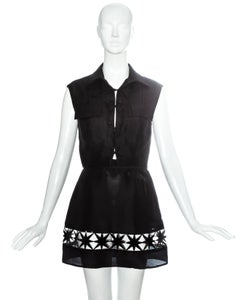 Prada black silk organza and leather mini skirt and vest set, ss 1993