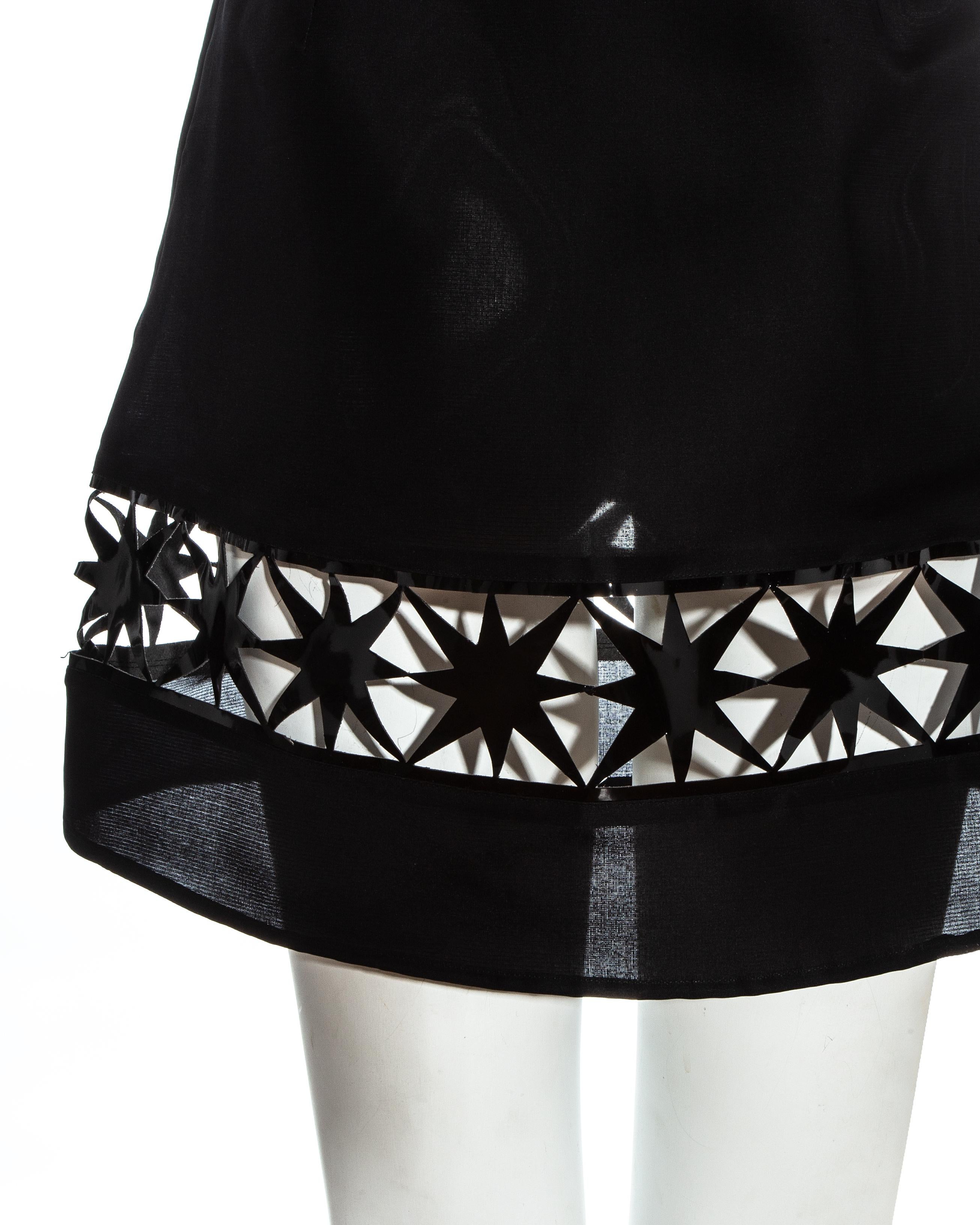 Black Prada black silk organza and leather mini skirt and vest set, ss 1993