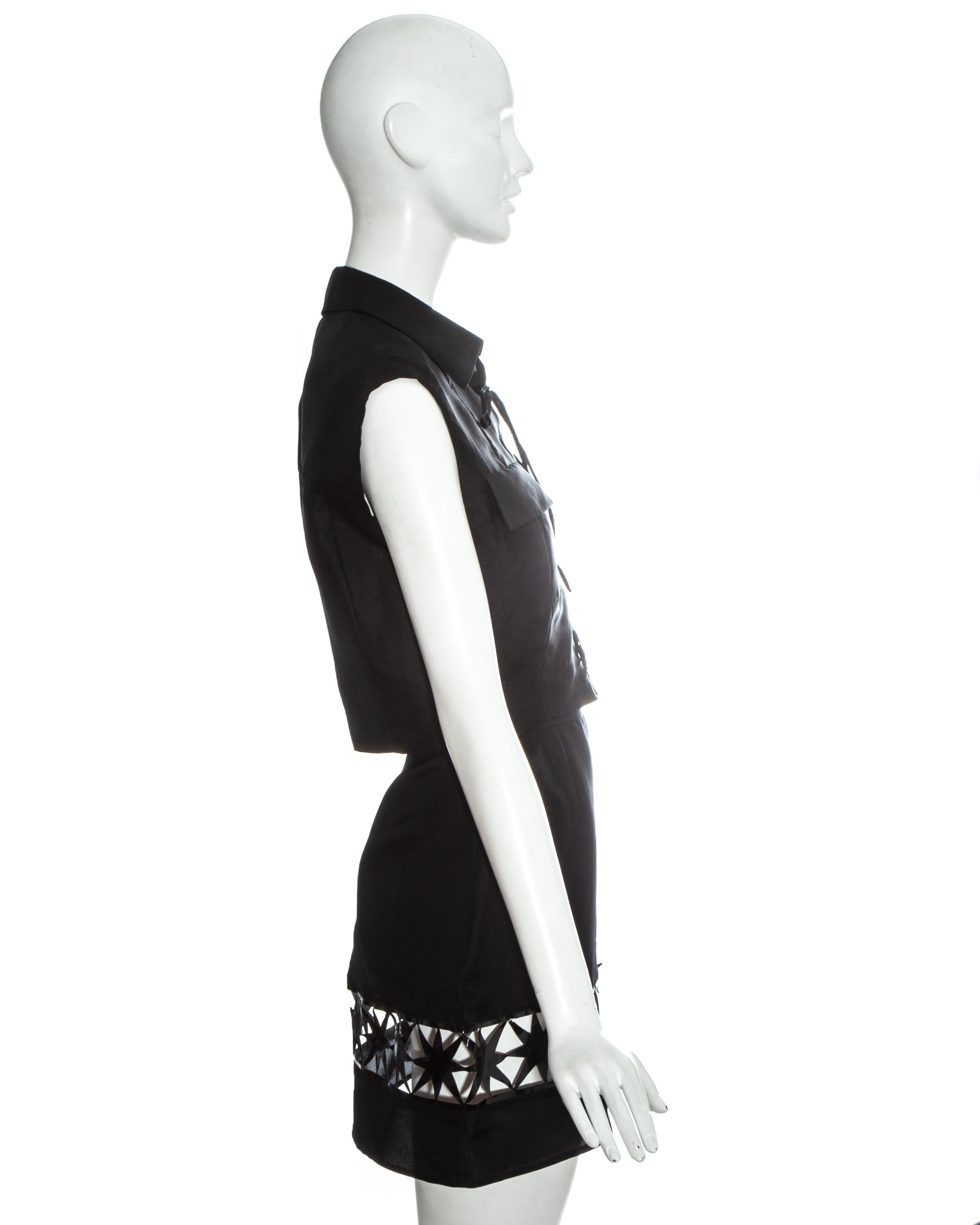 Women's Prada black silk organza and leather mini skirt and vest set, ss 1993