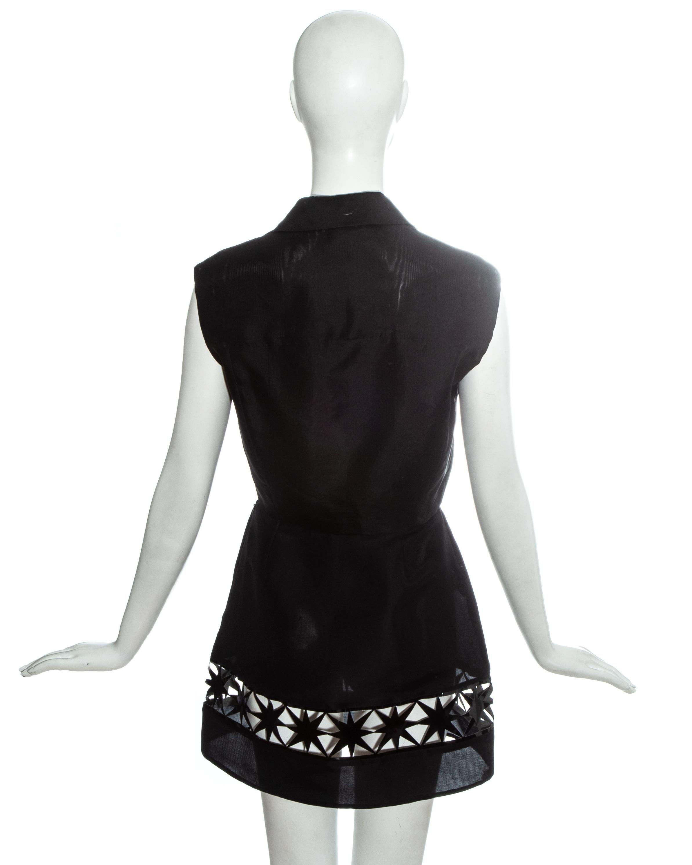 Prada black silk organza and leather mini skirt and vest set, ss 1993 1