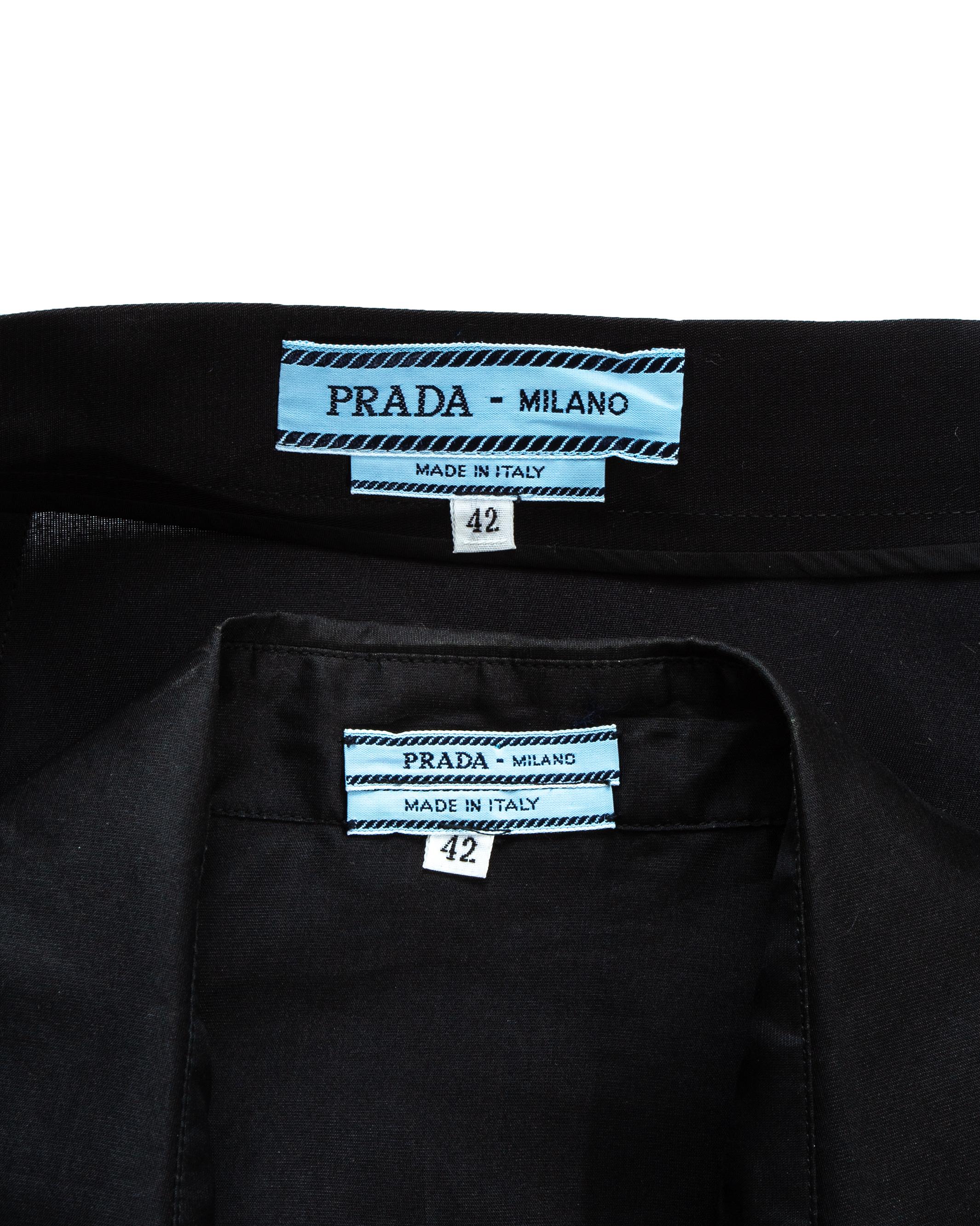 Prada black silk organza and leather mini skirt and vest set, ss 1993 2