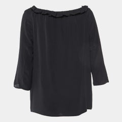Prada Black Silk Ruffle Trim Blouse M