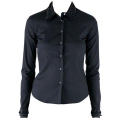 Prada Black Silk Stretch Embellished Button Front Shirt S Prada Black Silk Stretch Embellished Button Front Shirt S