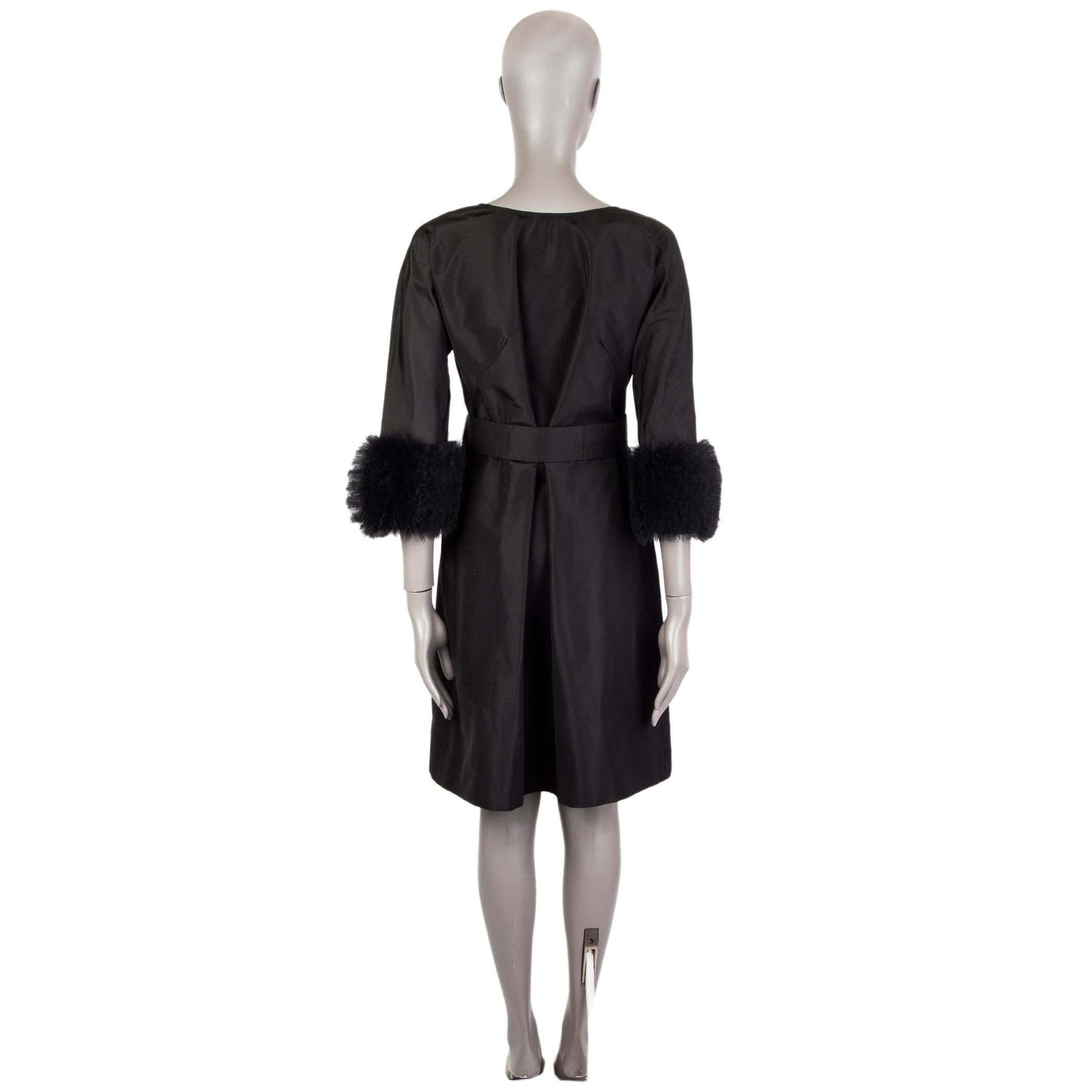 Black PRADA black silk TULLE CUFF BELTED Cocktail Dress 38