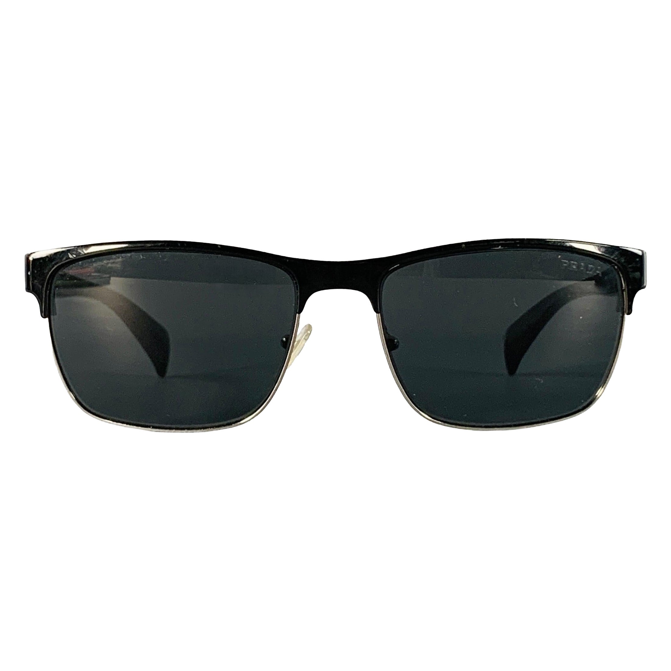 PRADA Black Silver Acetate Metal Semi Rimless Sunglasses en vente