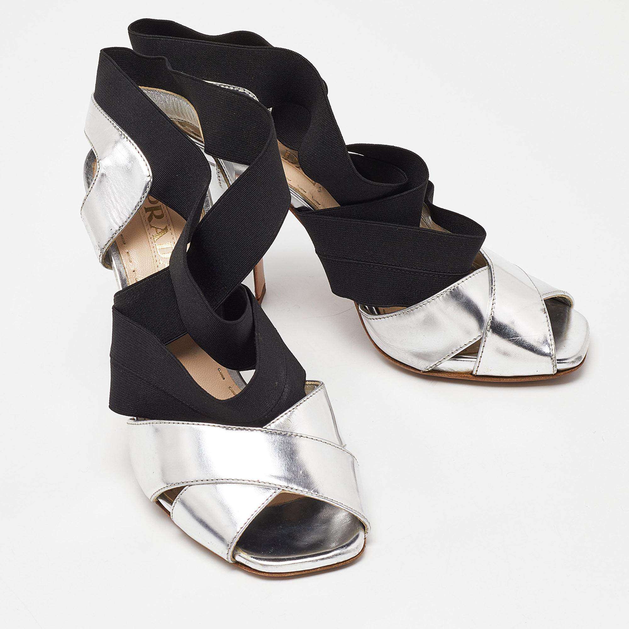 Women's Prada Black/Silver Leather and Fabric Strappy Open Toe Sandals Size 37 For Sale