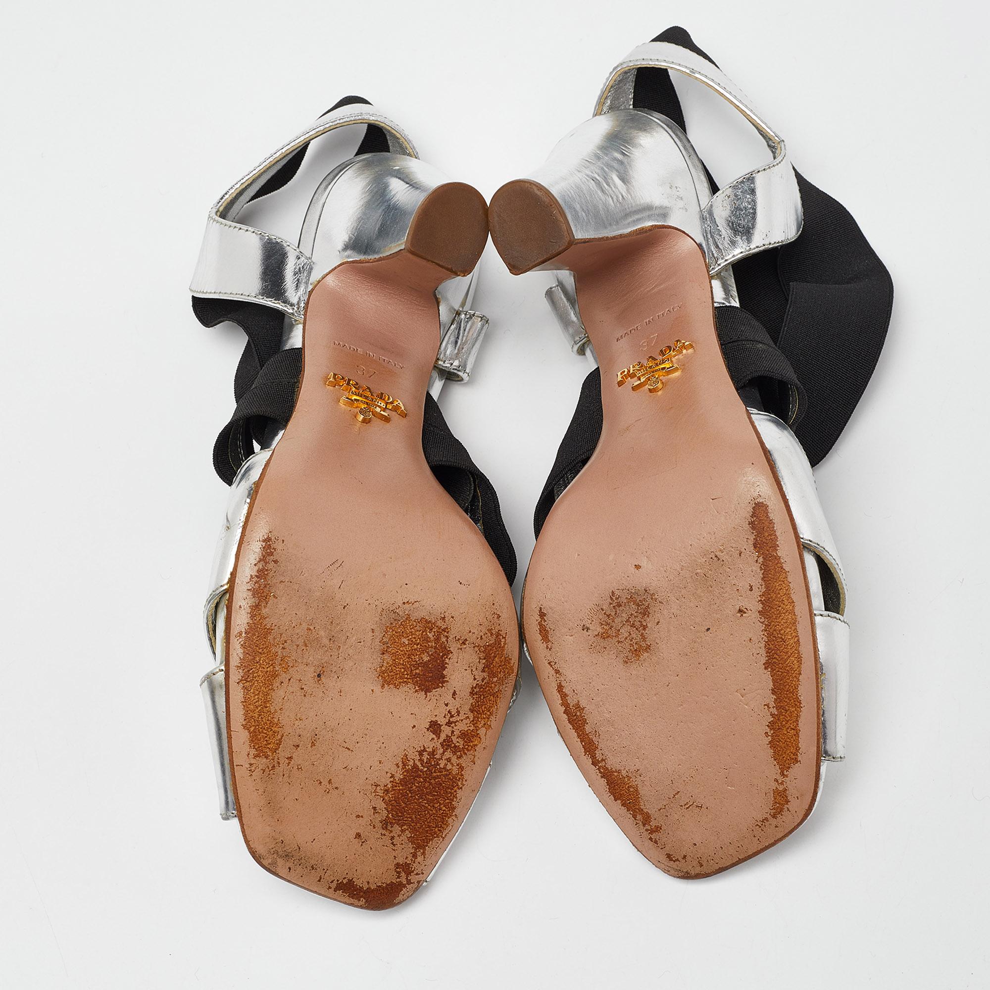 Prada Black/Silver Leather and Fabric Strappy Open Toe Sandals Size 37 For Sale 2