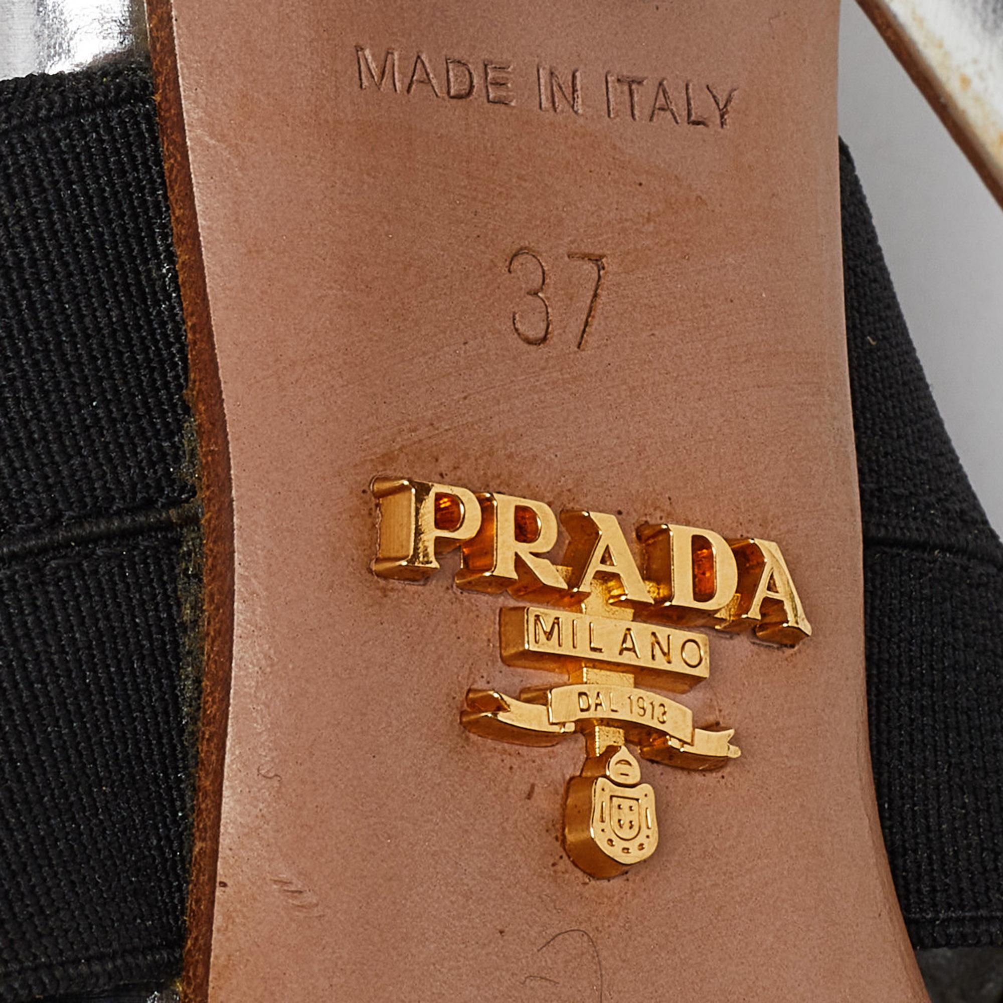 Prada Black/Silver Leather and Fabric Strappy Open Toe Sandals Size 37 For Sale 4