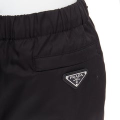 PRADA black silver logo leather plague nylon high waist tapered jogger pants