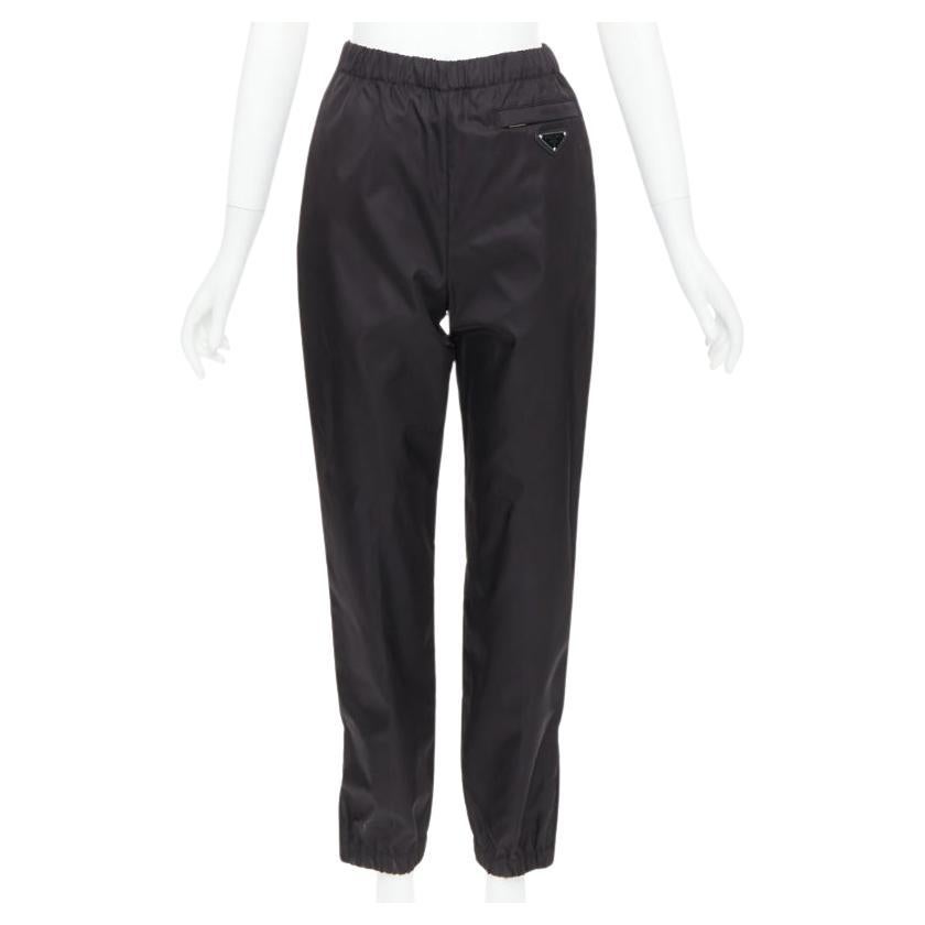 PRADA black silver logo leather plague nylon high waist tapered jogger pants