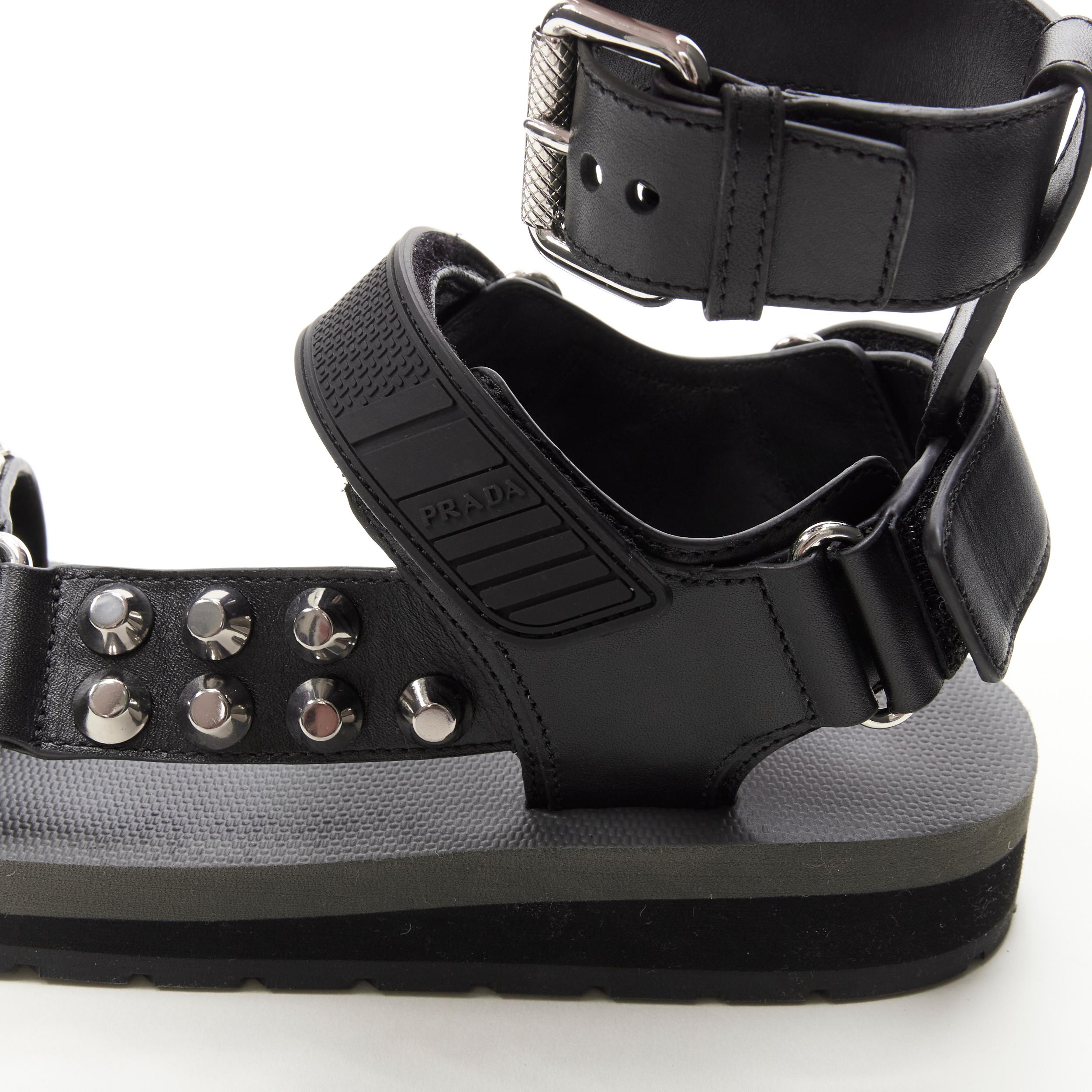 Women's PRADA black silver punk stud embellished sports strap gladiator sandals EU36 For Sale