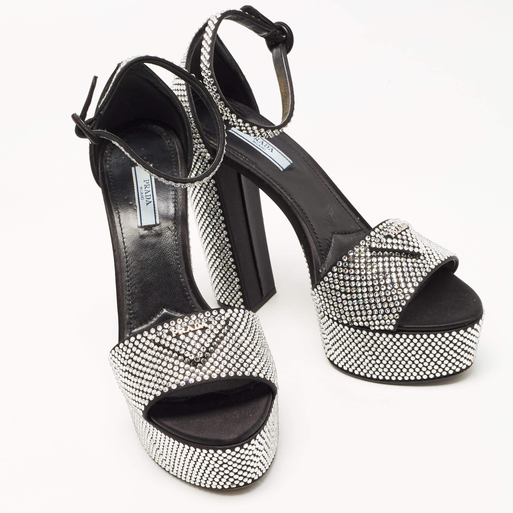 Prada Black/Silver Satin and Crystals Platform Sandals Size 39.5 In Good Condition In Dubai, Al Qouz 2