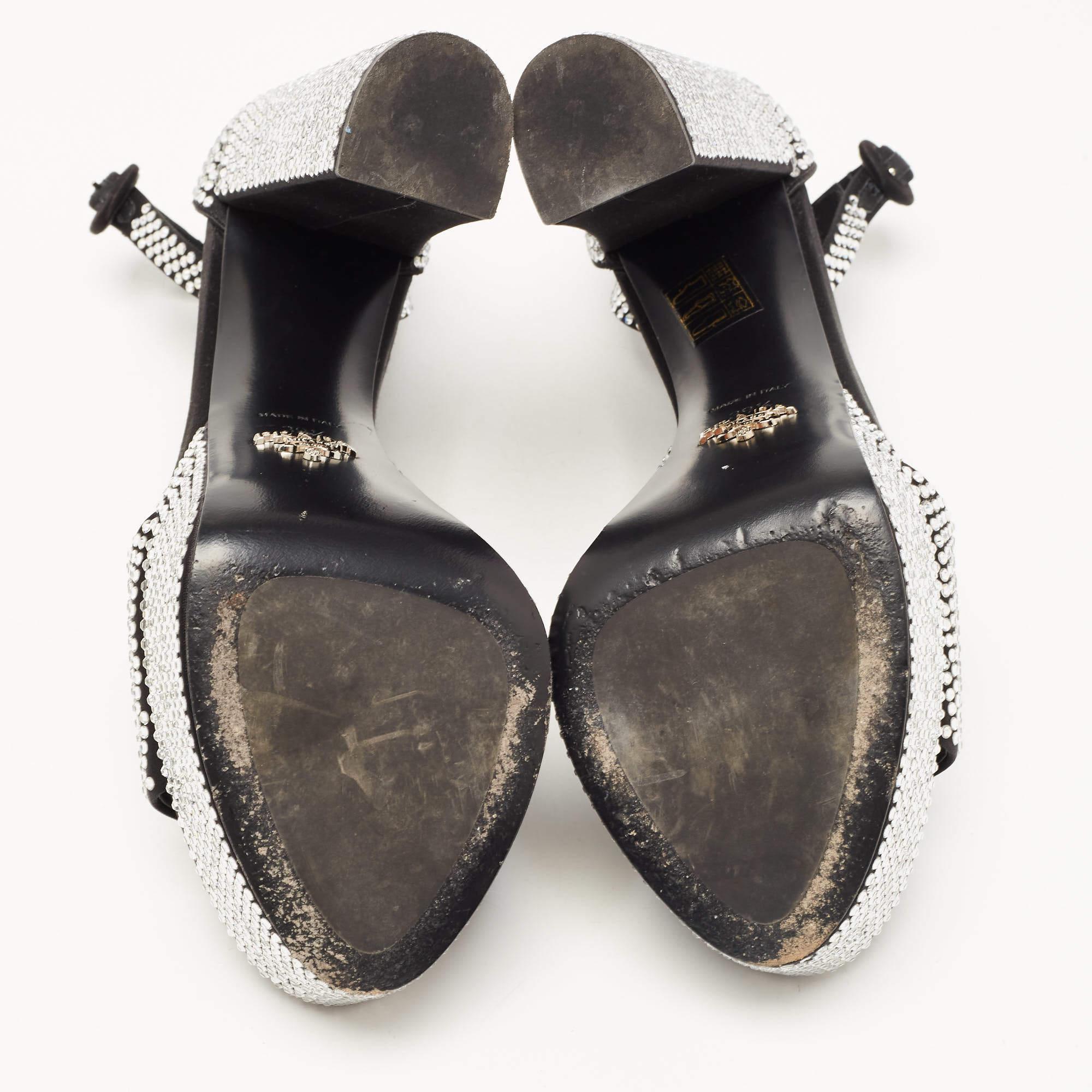 Prada Black/Silver Satin and Crystals Platform Sandals Size 39.5 2
