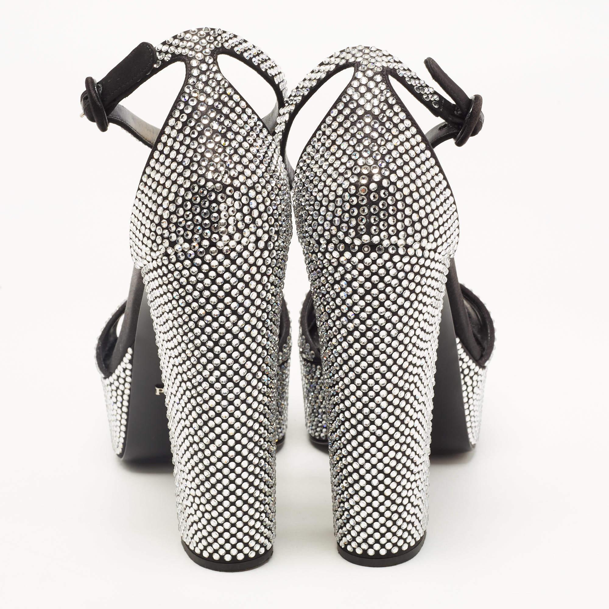 Prada Black/Silver Satin and Crystals Platform Sandals Size 39.5 3