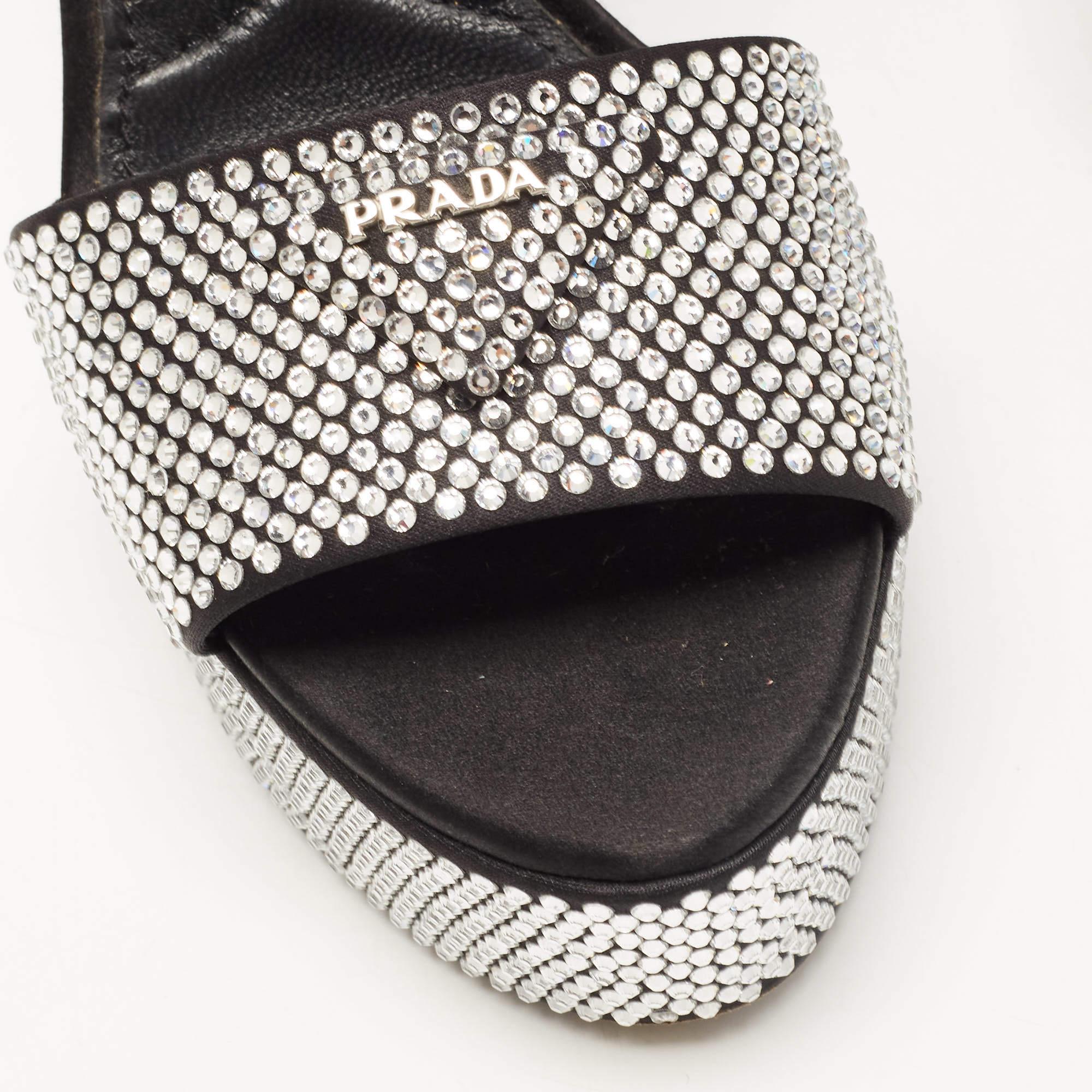 Prada Black/Silver Satin and Crystals Platform Sandals Size 39.5 4
