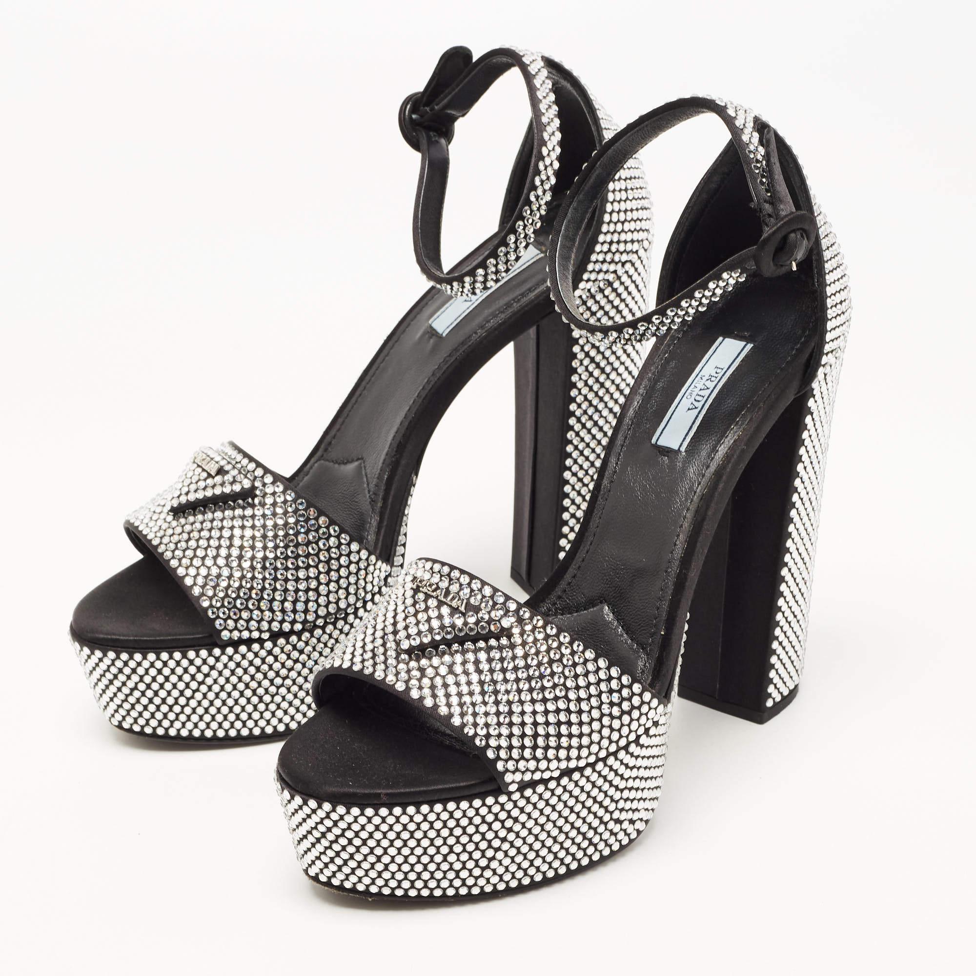 Prada Black/Silver Satin and Crystals Platform Sandals Size 39.5 5