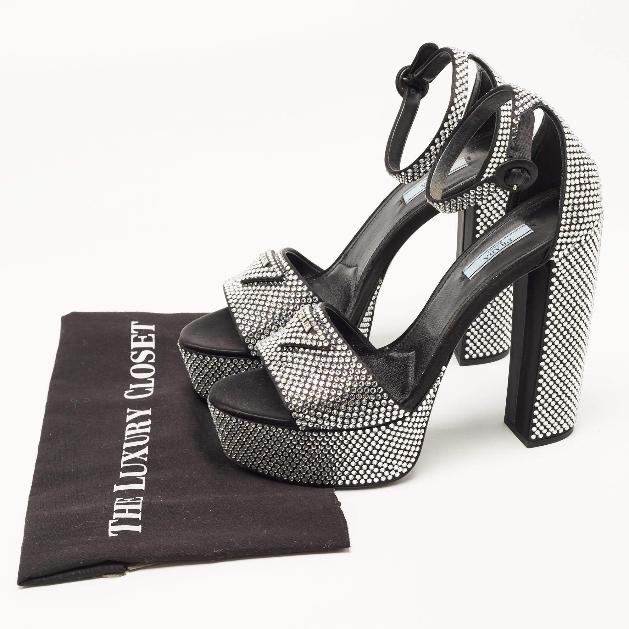 Prada Black/Silver Satin and Crystals Platform Sandals Size 39.5 6