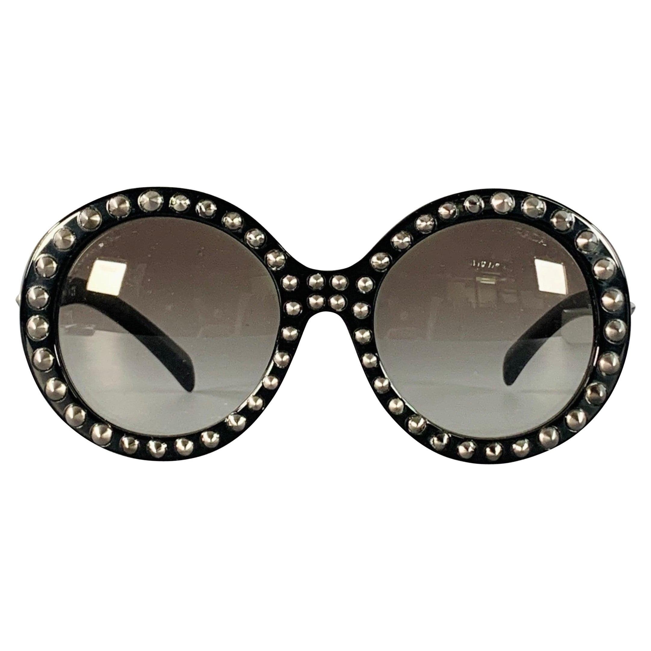 PRADA Black Silver Studded Acetate Oversized Round Sunglasses