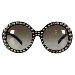 PRADA Black Silver Studded Acetate Oversized Round Sunglasses