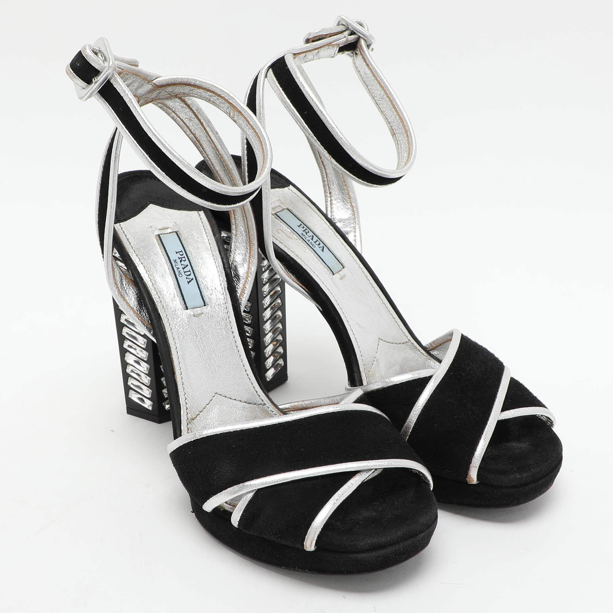 Prada Black/Silver Suede and Leather Ankle Strap Sandals Size 39.5 In Fair Condition In Dubai, Al Qouz 2