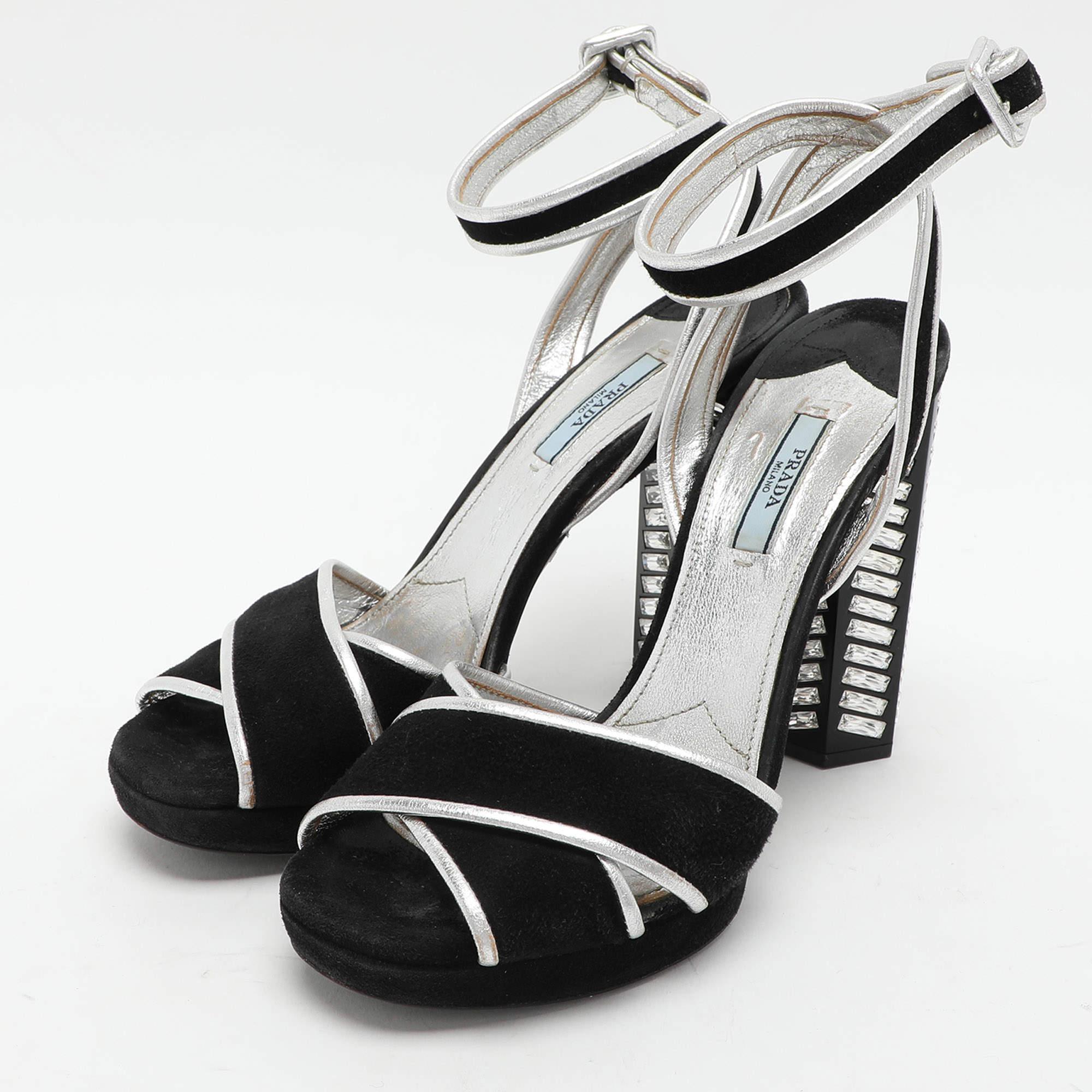 Women's Prada Black/Silver Suede and Leather Ankle Strap Sandals Size 39.5