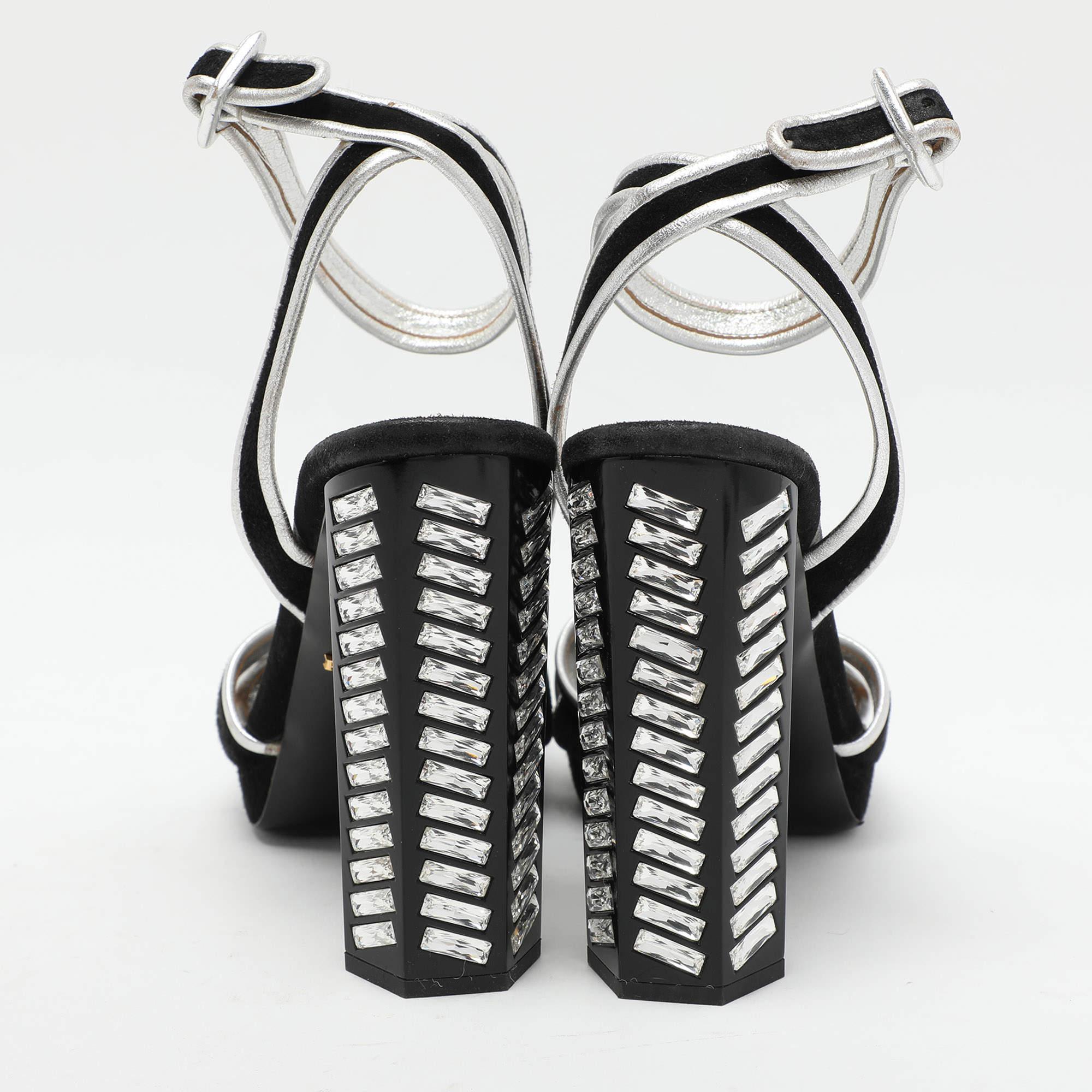 Prada Black/Silver Suede and Leather Ankle Strap Sandals Size 39.5 1