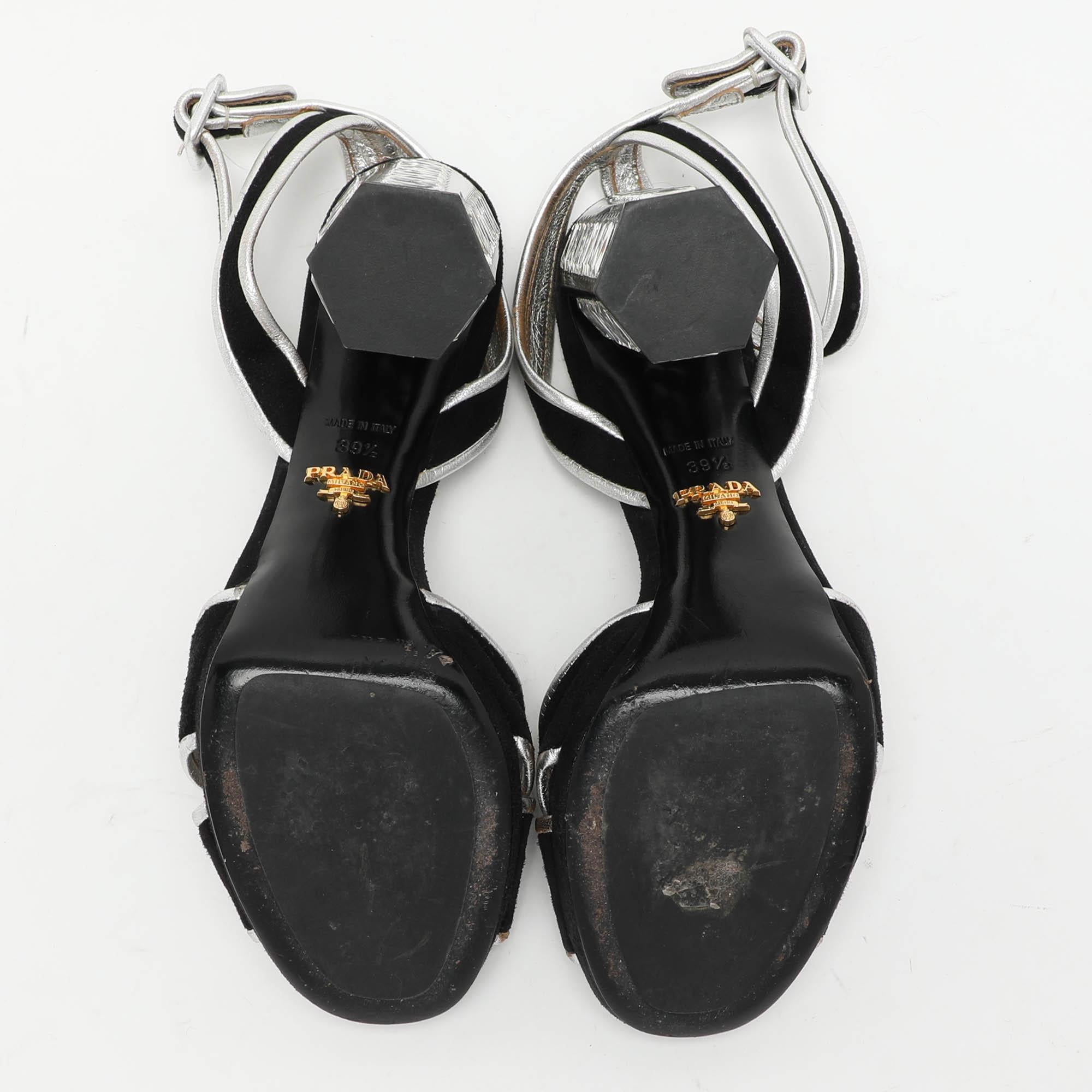 Prada Black/Silver Suede and Leather Ankle Strap Sandals Size 39.5 2