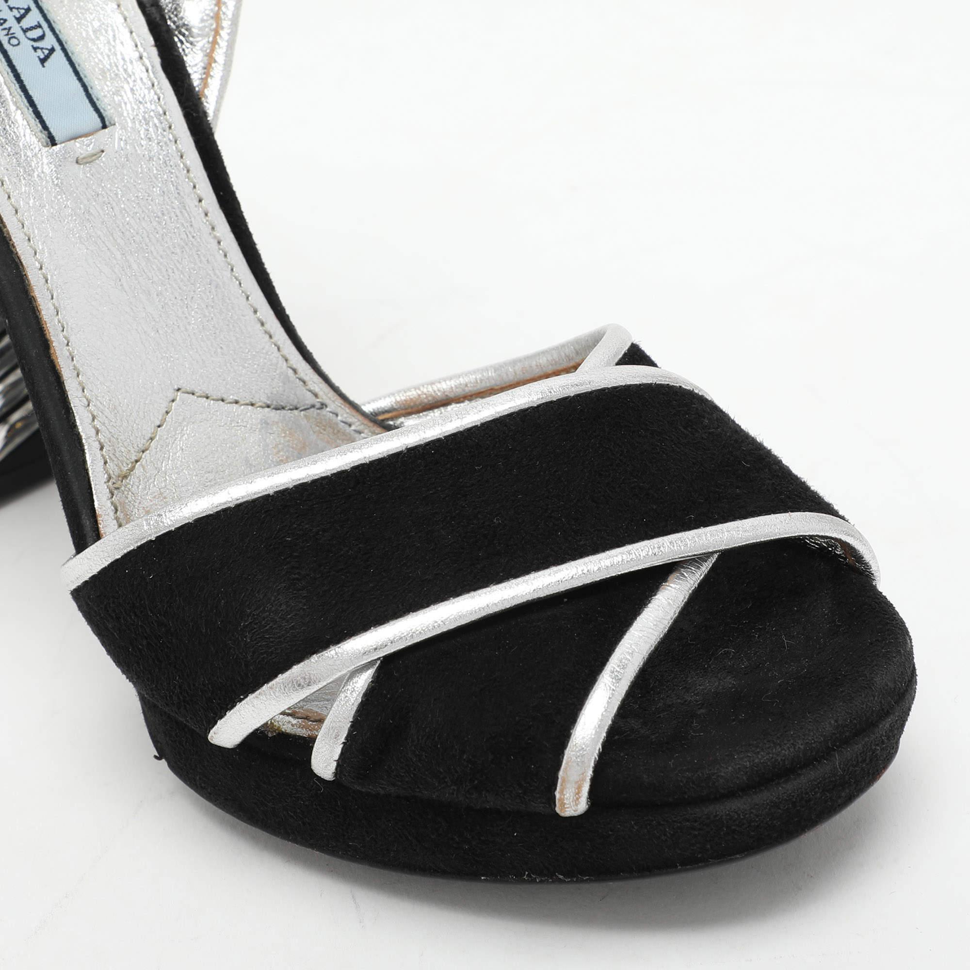 Prada Black/Silver Suede and Leather Ankle Strap Sandals Size 39.5 3