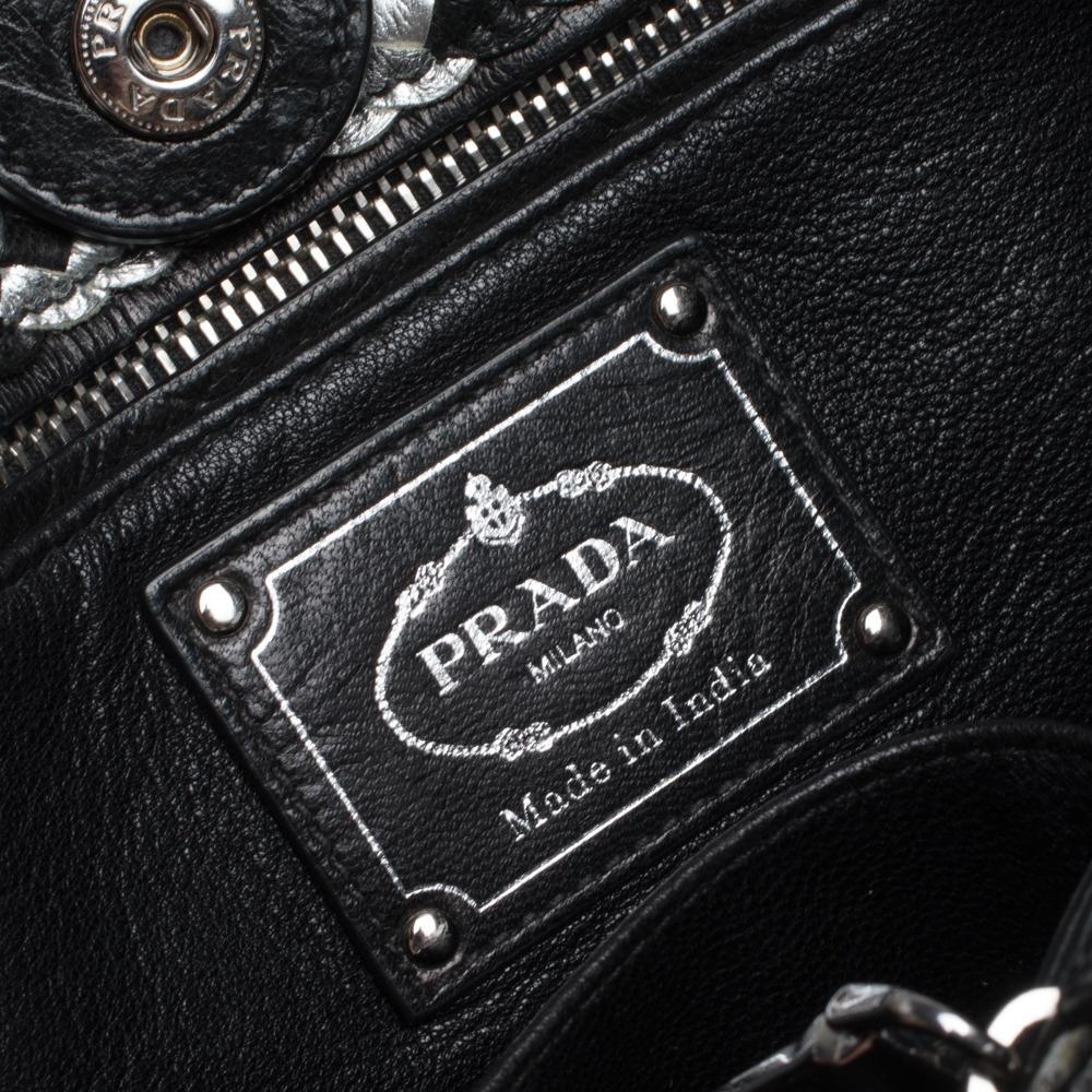 Prada Black/Silver Woven Leather Madras Tote 3