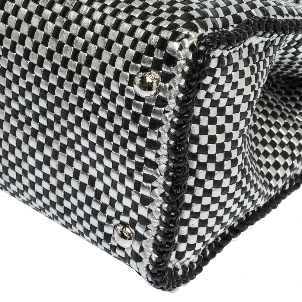 Prada Black/Silver Woven Leather Madras Tote 5