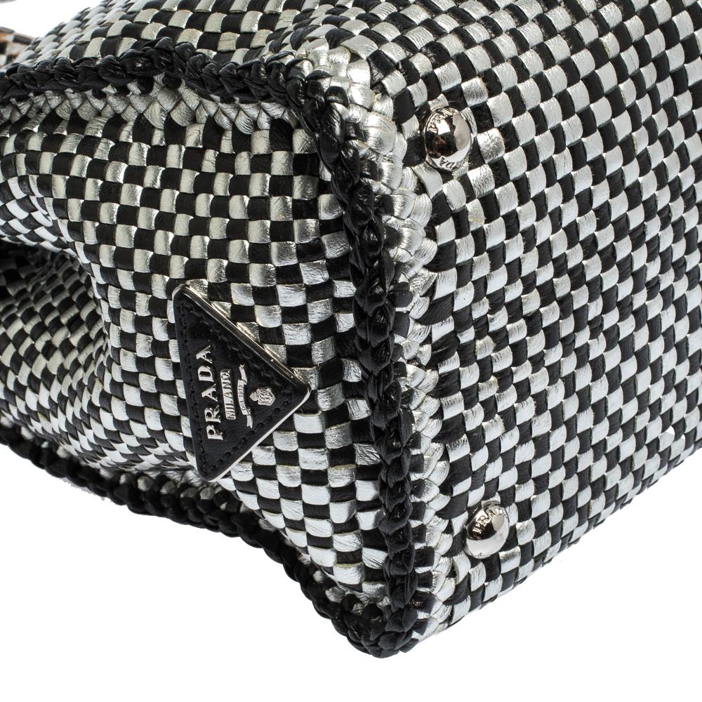 Women's Prada Black/Silver Woven Leather Madras Tote