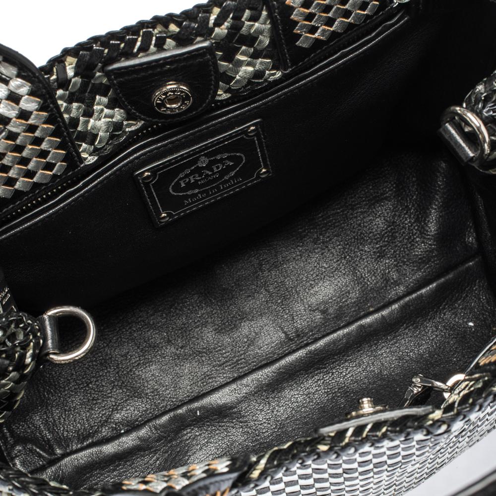 Prada Black/Silver Woven Leather Madras Tote 1