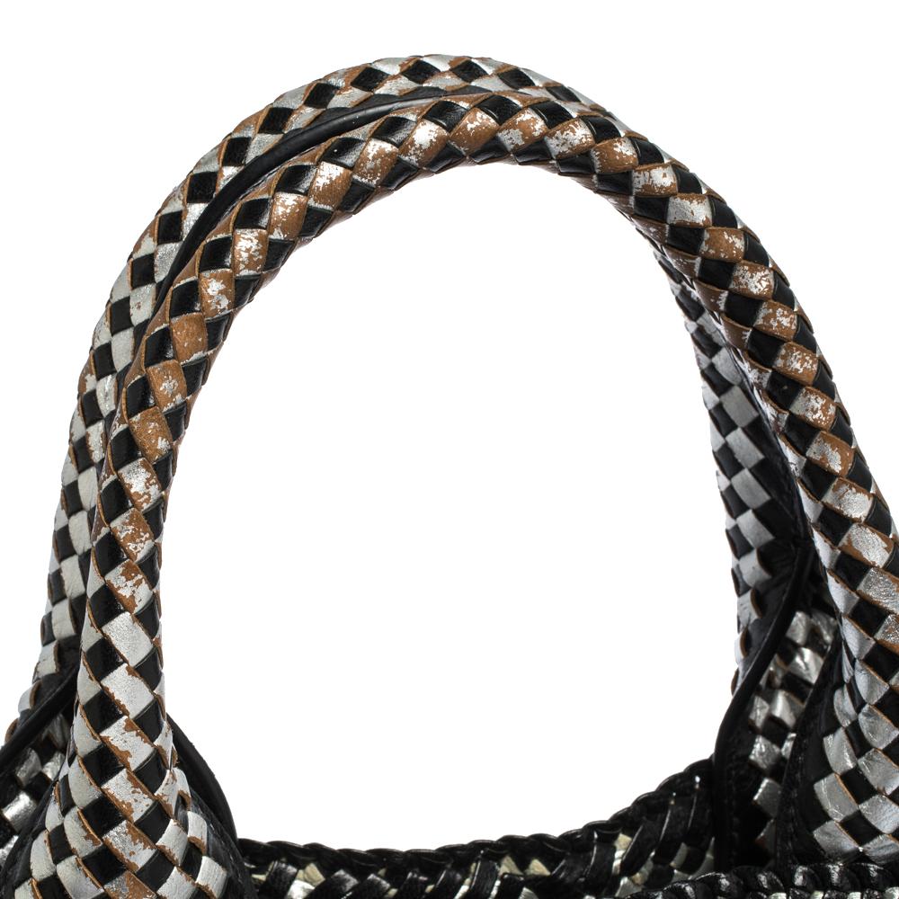 Prada Black/Silver Woven Leather Madras Tote 2