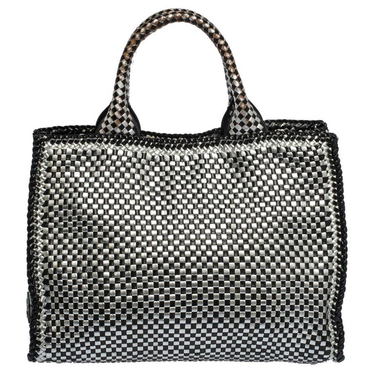 Prada Black/Silver Woven Leather Madras Tote at 1stDibs