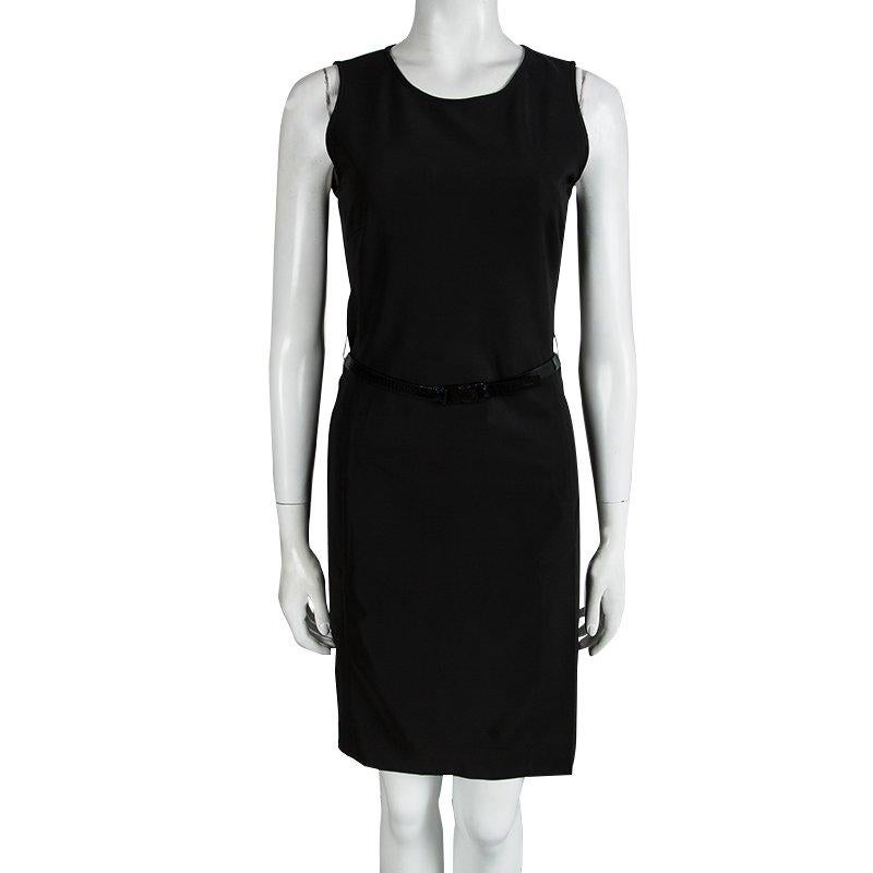 A classic black shift dress will never let you down and be a permanent essential piece. This Prada black sleeveless shift dress will be a perfect work wear piece, while still be an alternative for formal event wear. This dress features a black waist