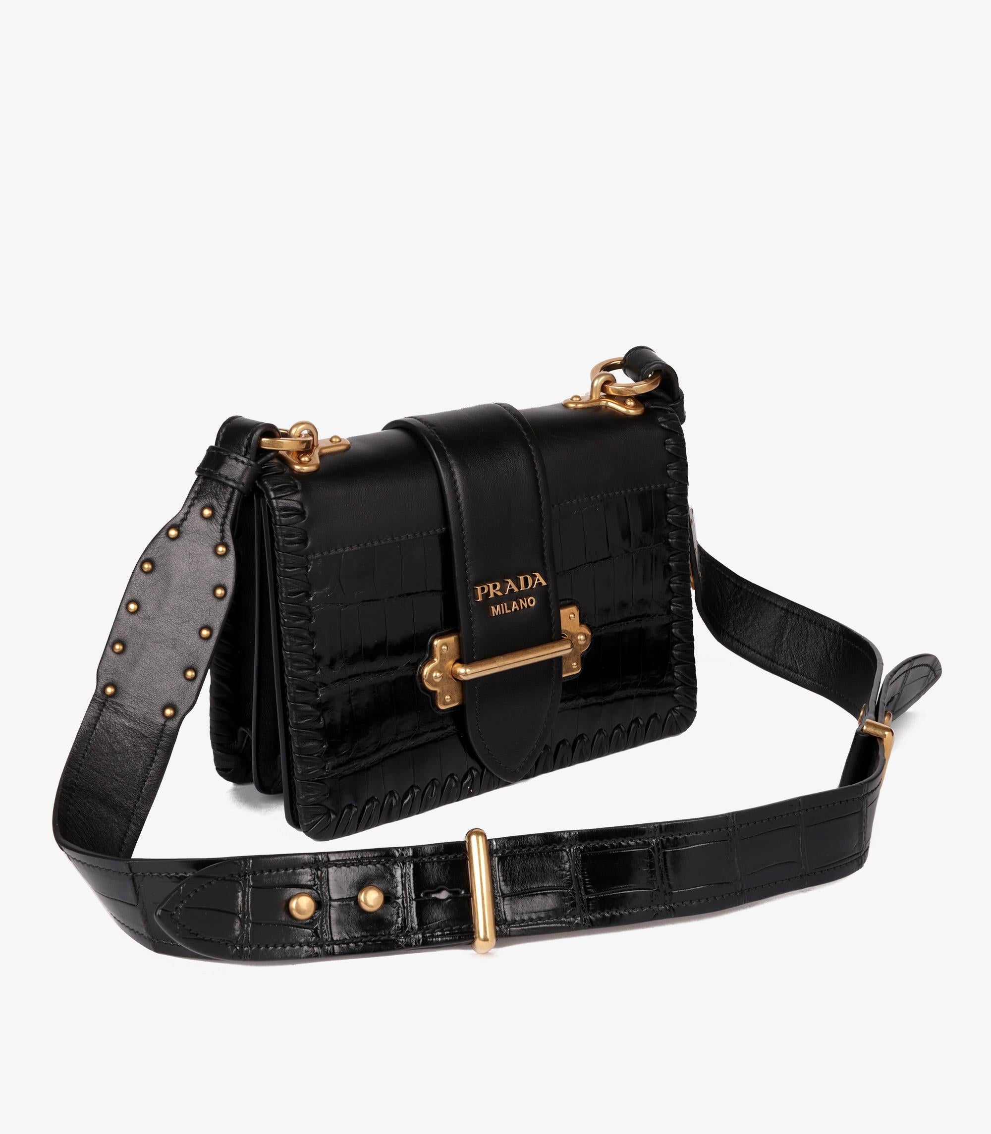 Prada Black Smooth Calfskin & Matte Crocodile Leather Cahier

Brand- Prada
Model- Cahier
Product Type- Crossbody, Shoulder
Serial Number- **
Age- Circa 2017
Accompanied By- Prada Dust Bag, Care Booklet, Authenticity Card
Colour- Black
Hardware-