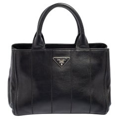 Prada Black Soft Calf Leather Vertical Stitched Tote