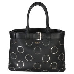 Prada Black Soft Grain Calfskin Studded Large Buckle Bag With Belt