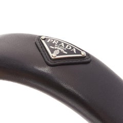 PRADA black soft lambskin leather silver triangle puffy Alice headband