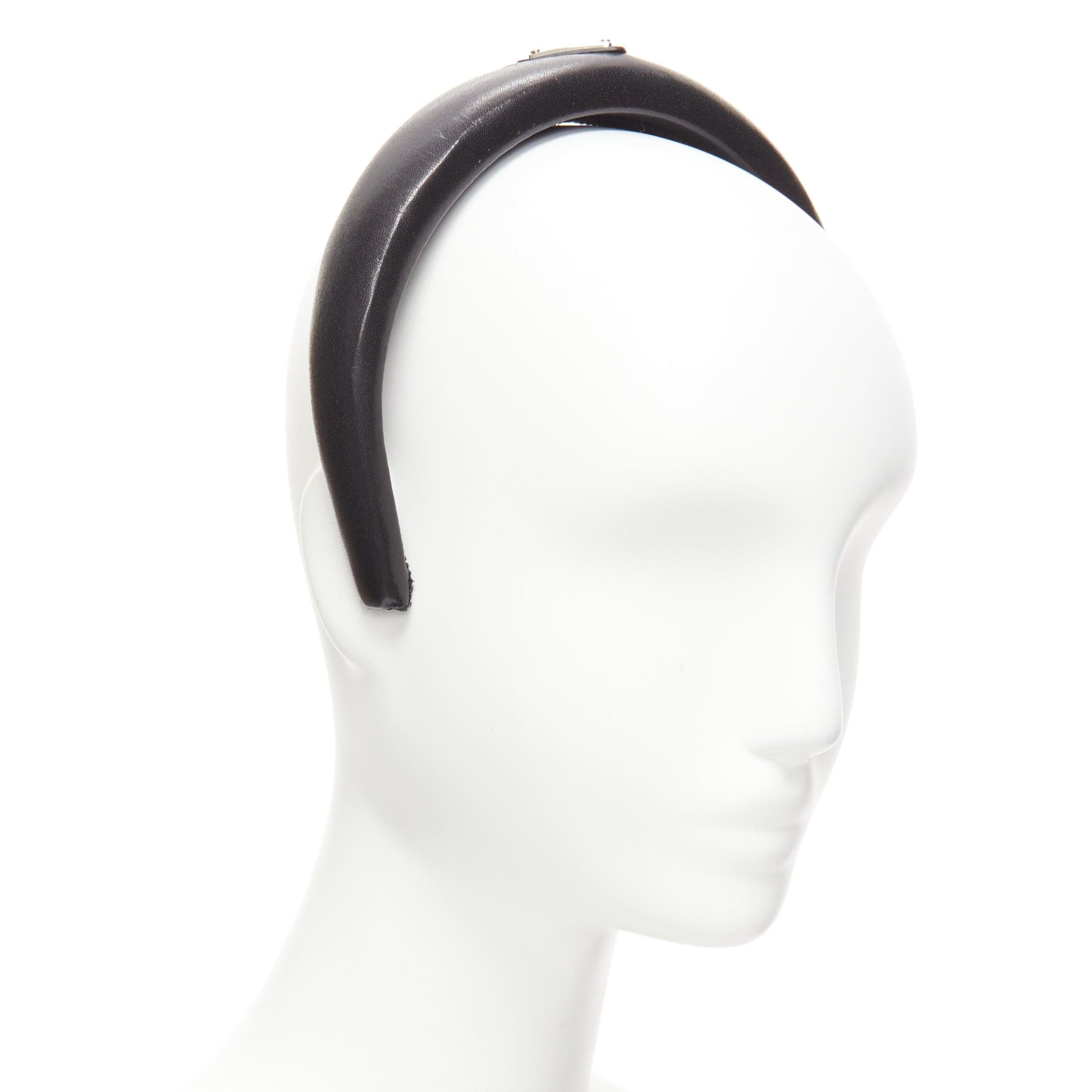 PRADA black soft lambskin leather silver triangle puffy Alice headband In New Condition For Sale In Hong Kong, NT