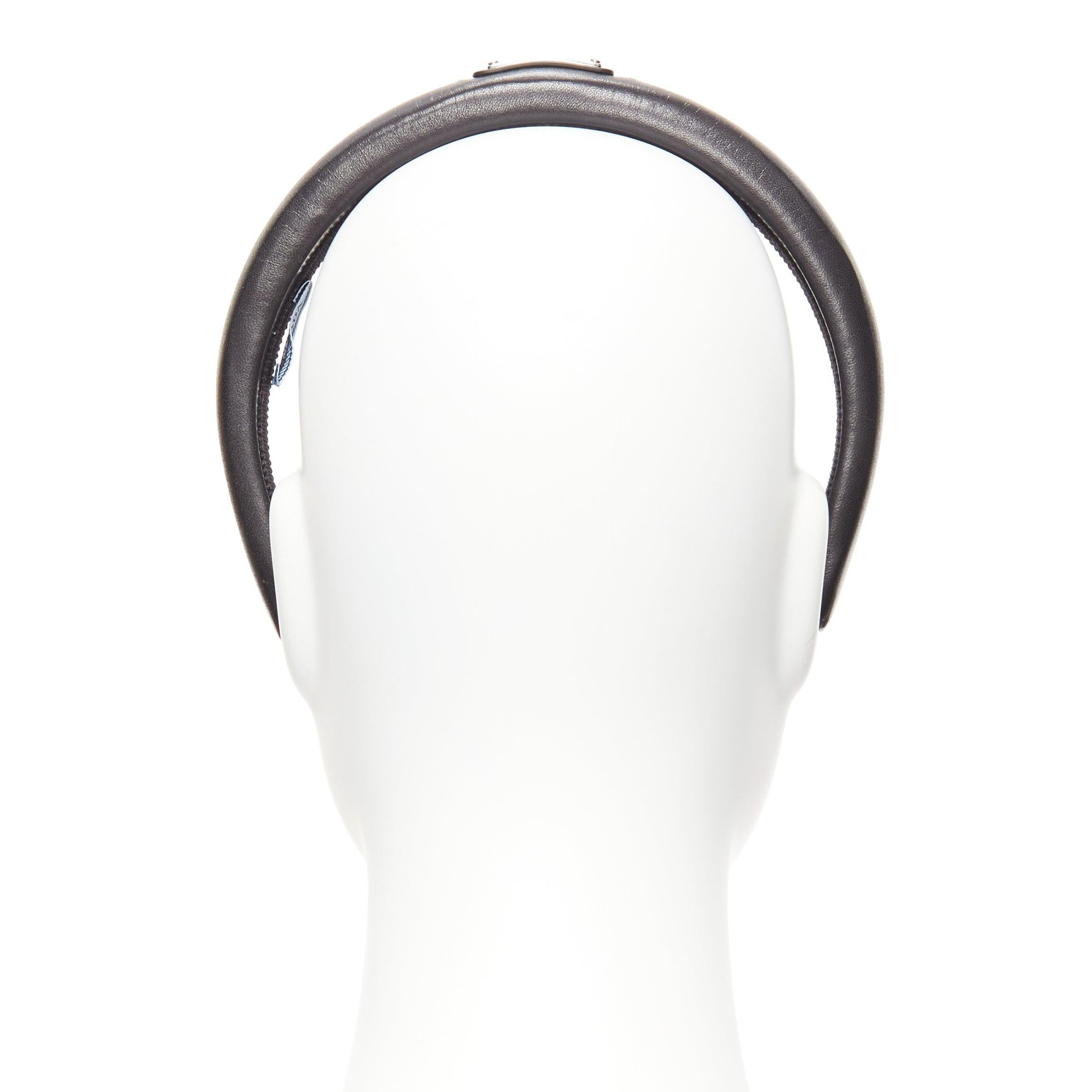 PRADA black soft lambskin leather silver triangle puffy Alice headband For Sale 1