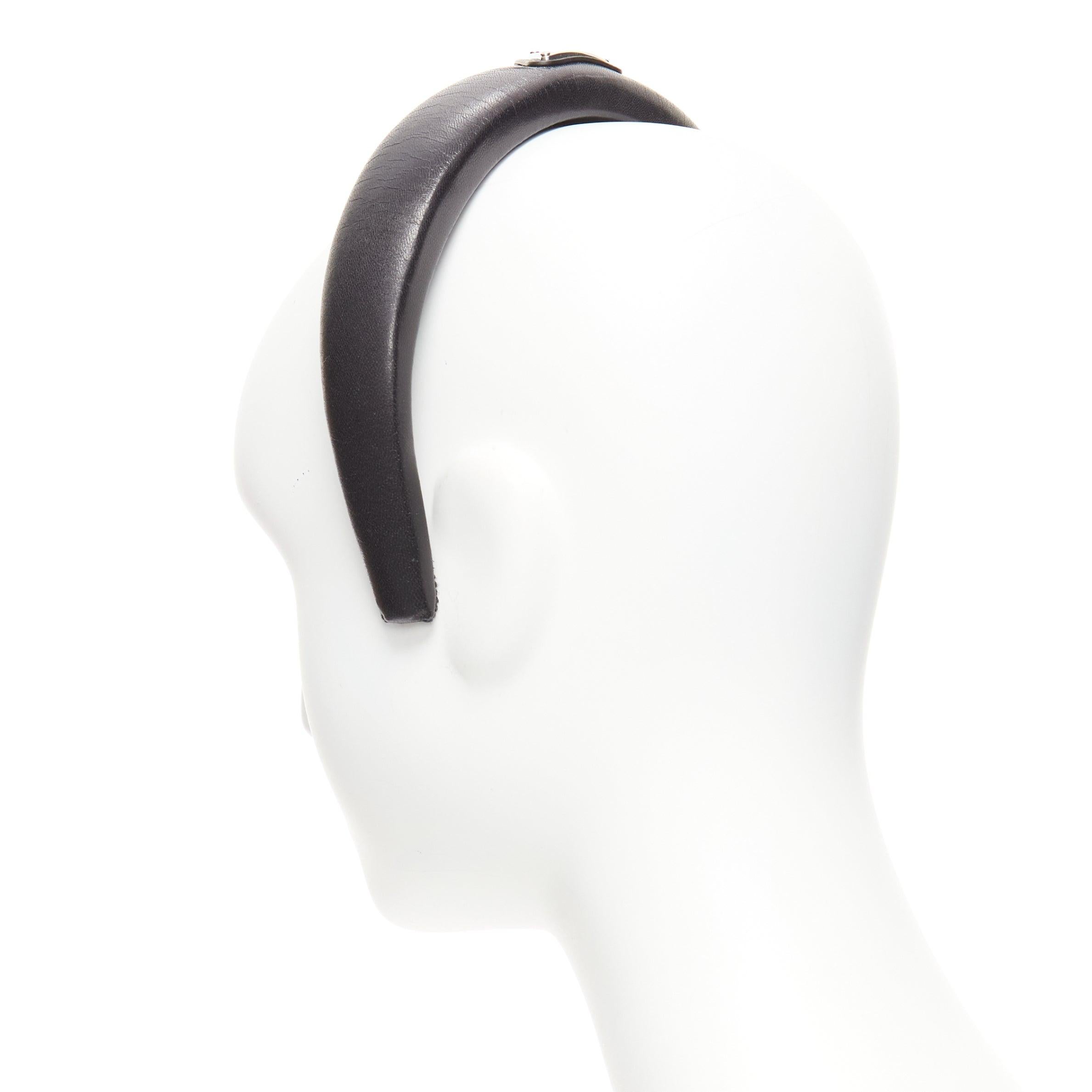 PRADA black soft lambskin leather silver triangle puffy Alice headband For Sale 2