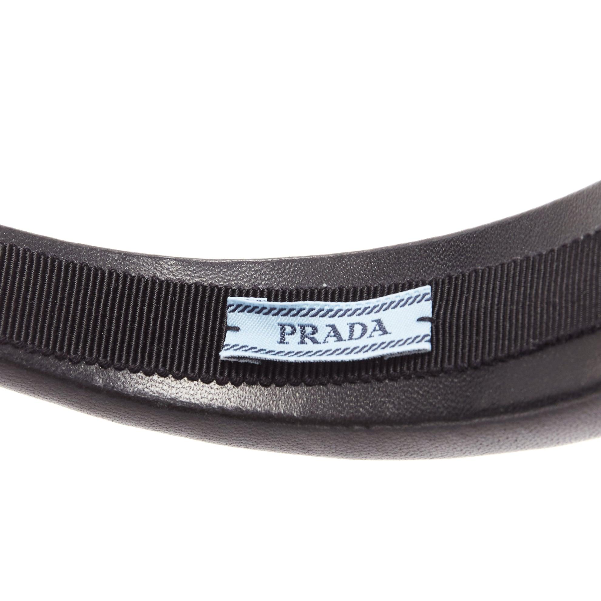 PRADA black soft lambskin leather silver triangle puffy Alice headband For Sale 4