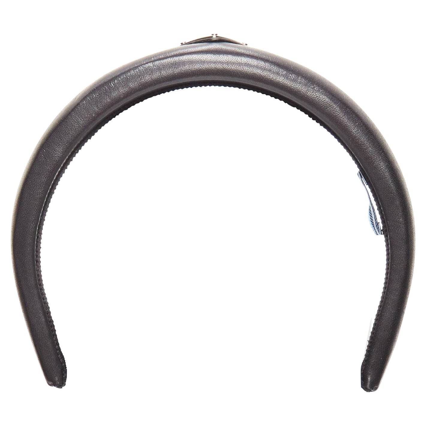 PRADA black soft lambskin leather silver triangle puffy Alice headband