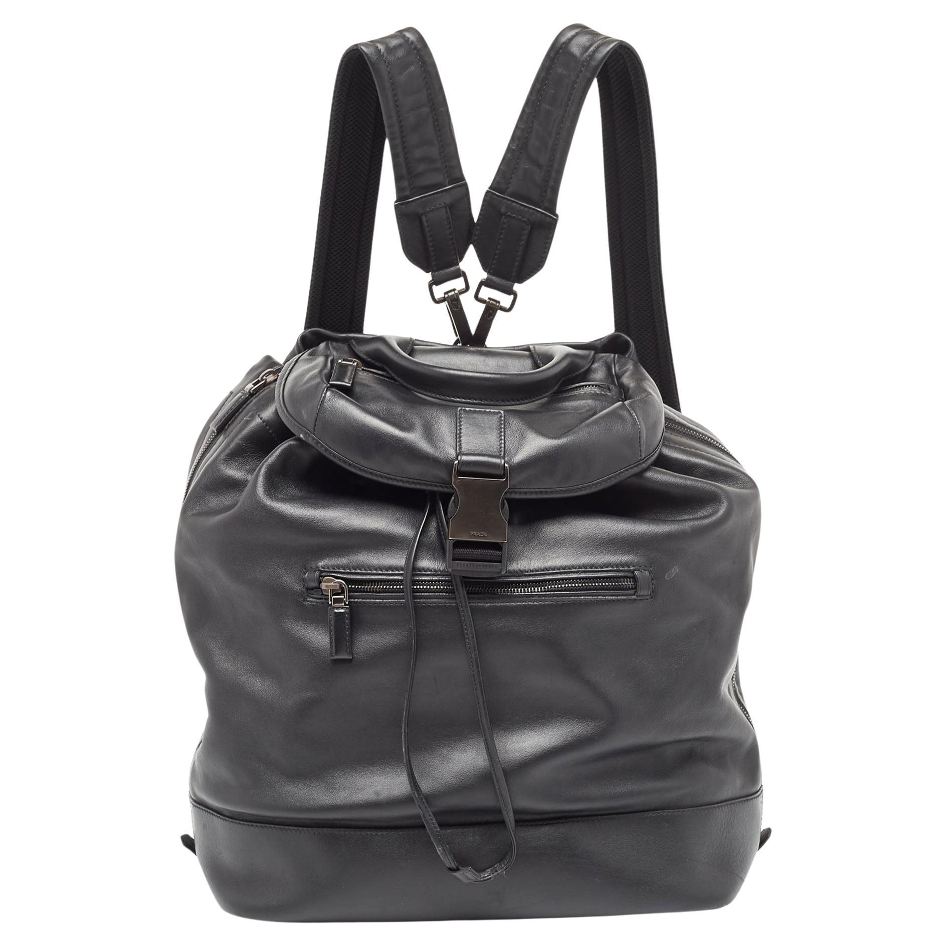 Prada Black Soft Leather Drawstring Backpack For Sale