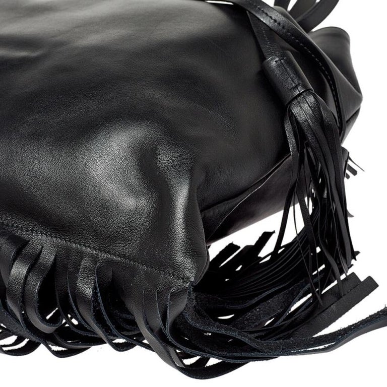 Prada Black Soft Leather Fringed Drawstring Shoulder Bag at 1stDibs