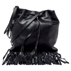 Prada Black Soft Leather Fringed Drawstring Shoulder Bag
